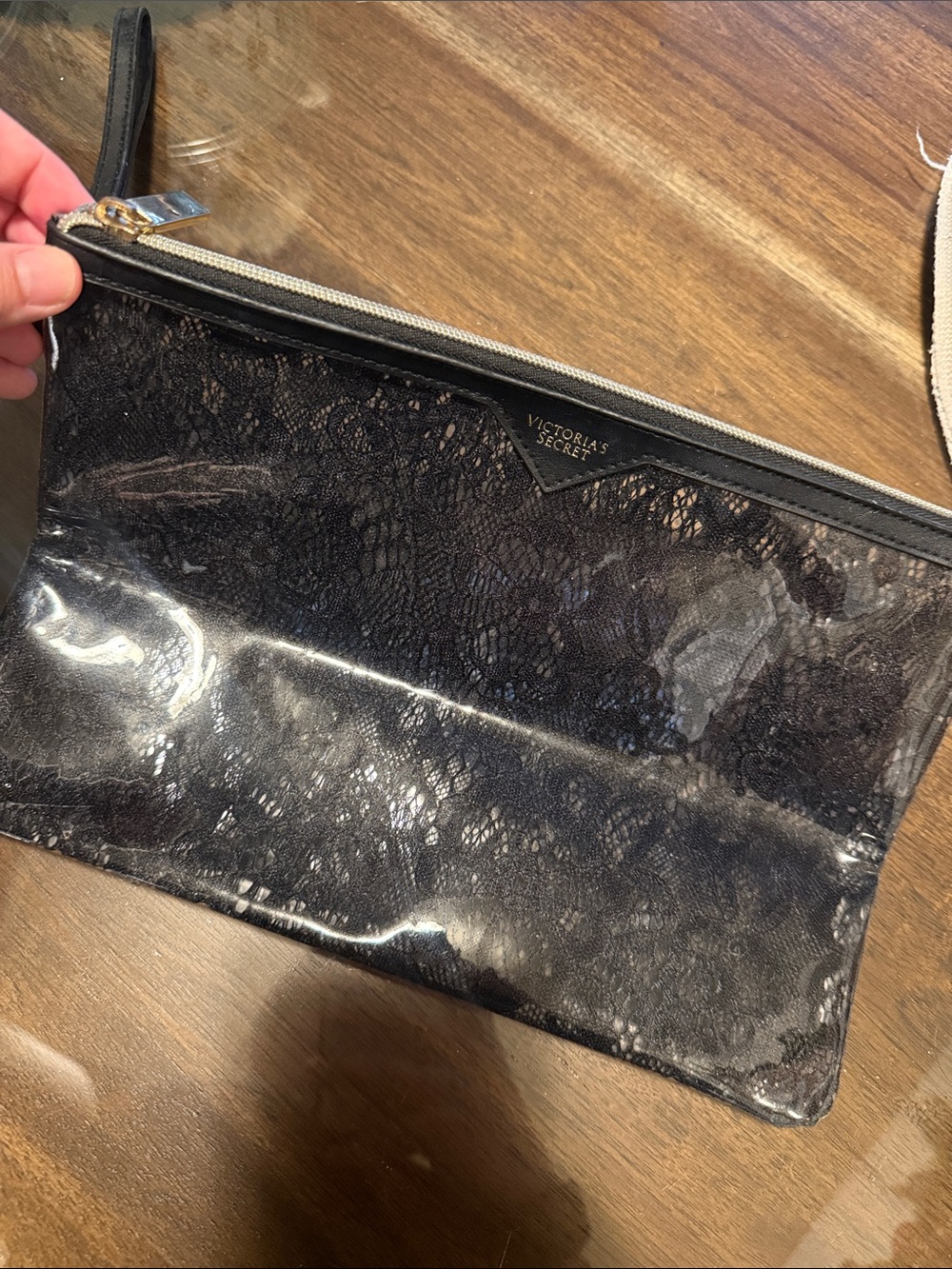 Victoria's Secret Black Lace-Overlay Clear Wristlet with Gold Hardware